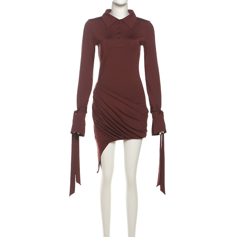 Elevate Your Autumn Style: Chic Merlot Ruched Mini Dress with Polo Collar & Statement Tie Cuffs