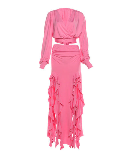 Fuchsia Glam: Ruffled Maxi Skirt & Wrap Crop Top Set - Your Statement Holiday & Event Look
