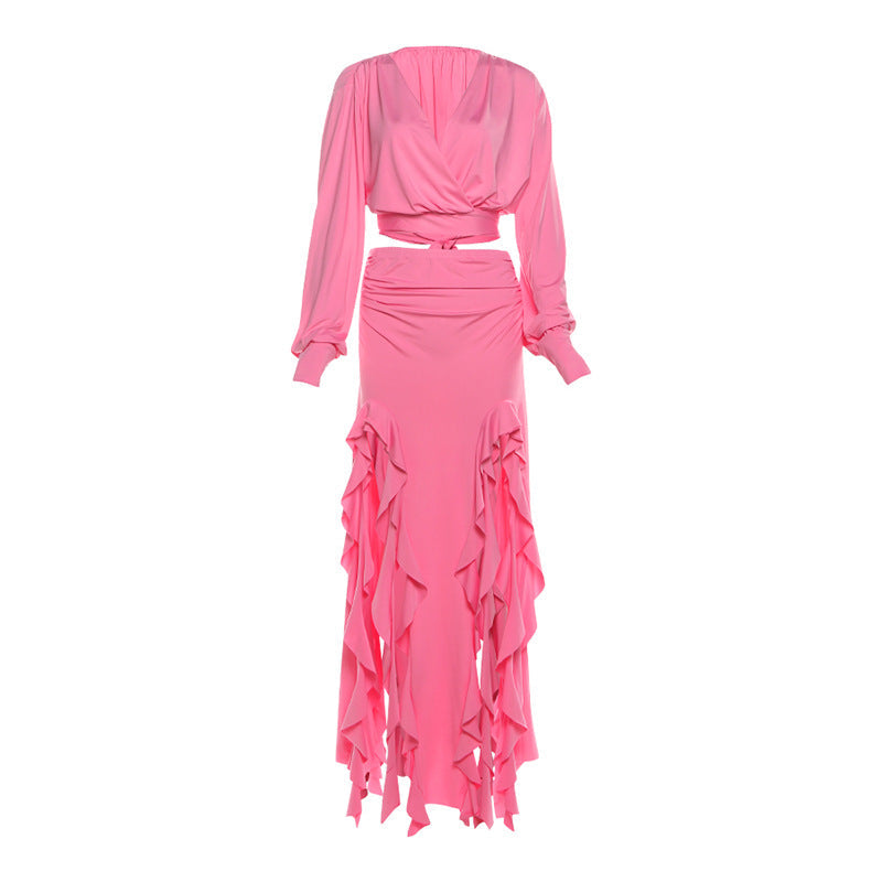 Fuchsia Glam: Ruffled Maxi Skirt & Wrap Crop Top Set - Your Statement Holiday & Event Look