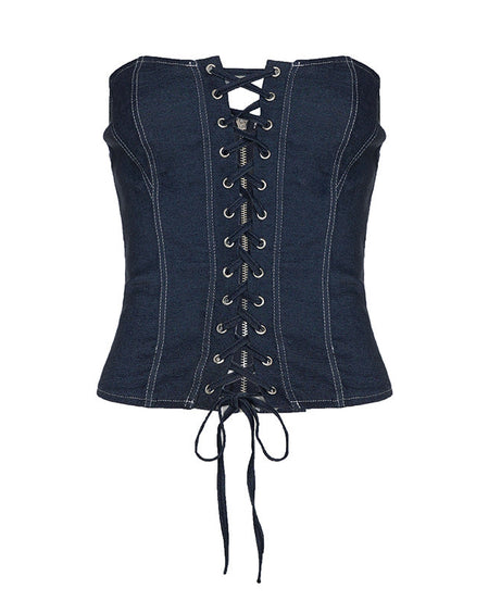 Trendy Dark Wash Denim Corset Top | Strapless Lace-Up Bustier for Fall Style