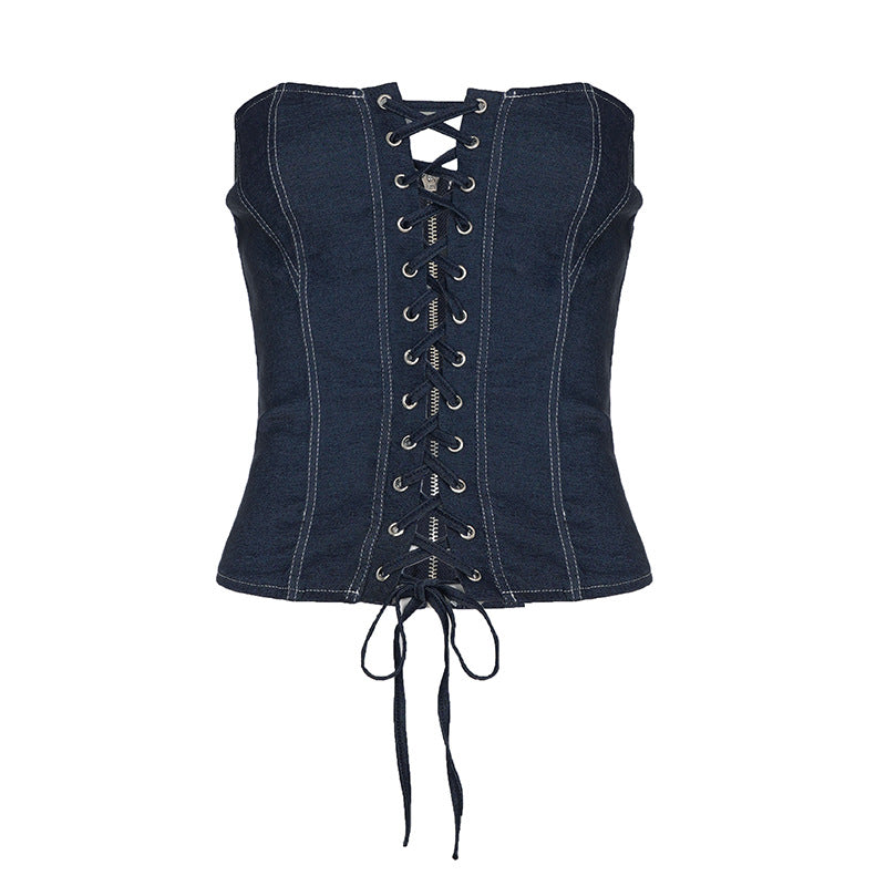Trendy Dark Wash Denim Corset Top | Strapless Lace-Up Bustier for Fall Style