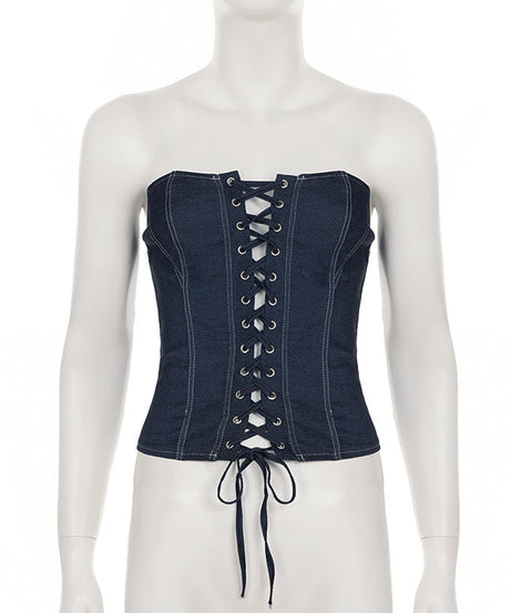 Trendy Dark Wash Denim Corset Top | Strapless Lace-Up Bustier for Fall Style