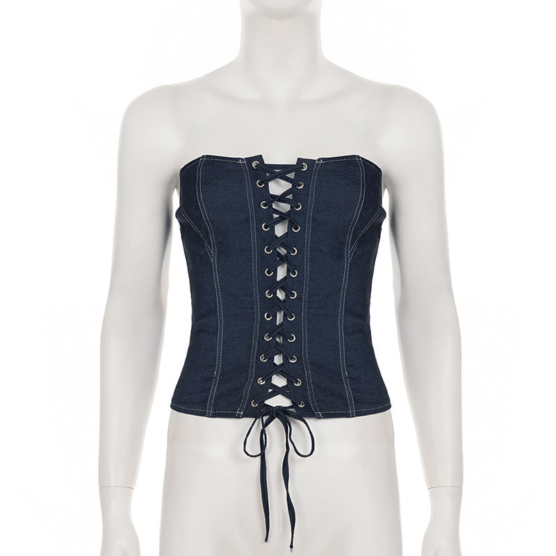 Trendy Dark Wash Denim Corset Top | Strapless Lace-Up Bustier for Fall Style
