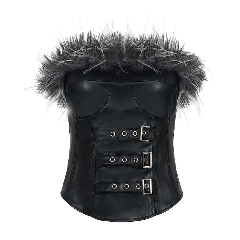 Fierce Feather & Buckle Faux Leather Corset Top – Your Go-To for Halloween & Edgy Fall Nights