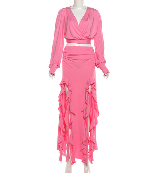 Fuchsia Glam: Ruffled Maxi Skirt & Wrap Crop Top Set - Your Statement Holiday & Event Look
