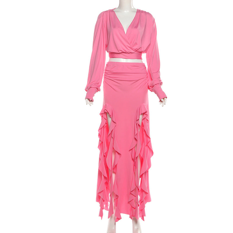 Fuchsia Glam: Ruffled Maxi Skirt & Wrap Crop Top Set - Your Statement Holiday & Event Look