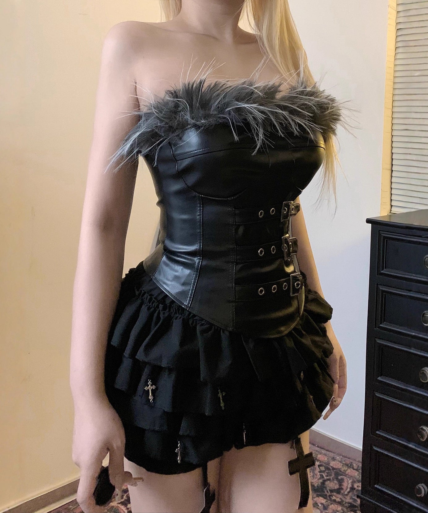 Fierce Feather & Buckle Faux Leather Corset Top – Your Go-To for Halloween & Edgy Fall Nights