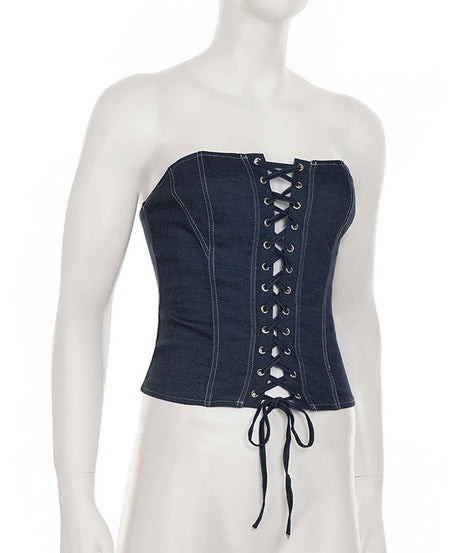 Trendy Dark Wash Denim Corset Top | Strapless Lace-Up Bustier for Fall Style