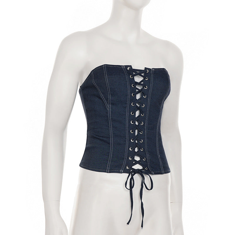 Trendy Dark Wash Denim Corset Top | Strapless Lace-Up Bustier for Fall Style
