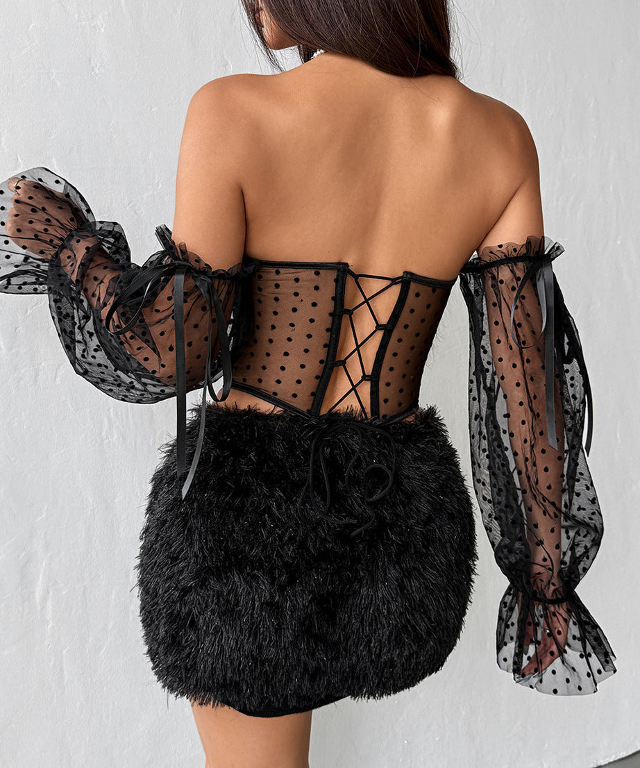 Spooky Chic Off-Shoulder Polka Dot Mesh Corset Top - Daring Long Sleeve Party Blouse