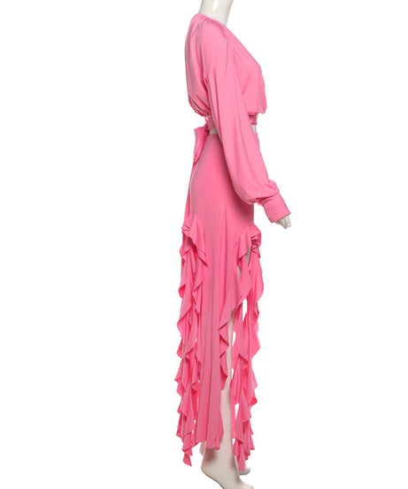 Fuchsia Glam: Ruffled Maxi Skirt & Wrap Crop Top Set - Your Statement Holiday & Event Look