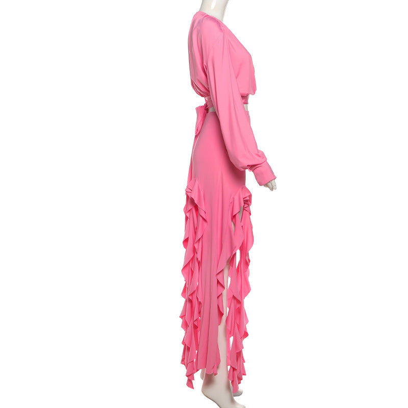 Fuchsia Glam: Ruffled Maxi Skirt & Wrap Crop Top Set - Your Statement Holiday & Event Look