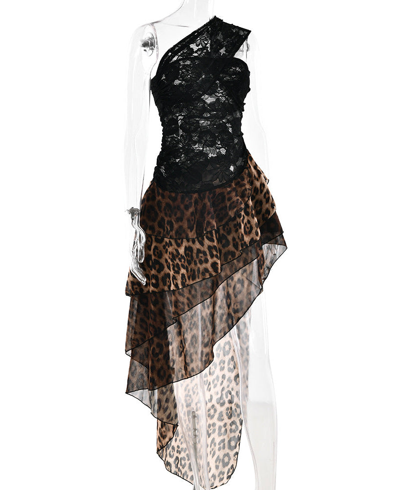 Autumn Glam: Fierce Leopard & Lace One-Shoulder Asymmetrical High-Low Dress