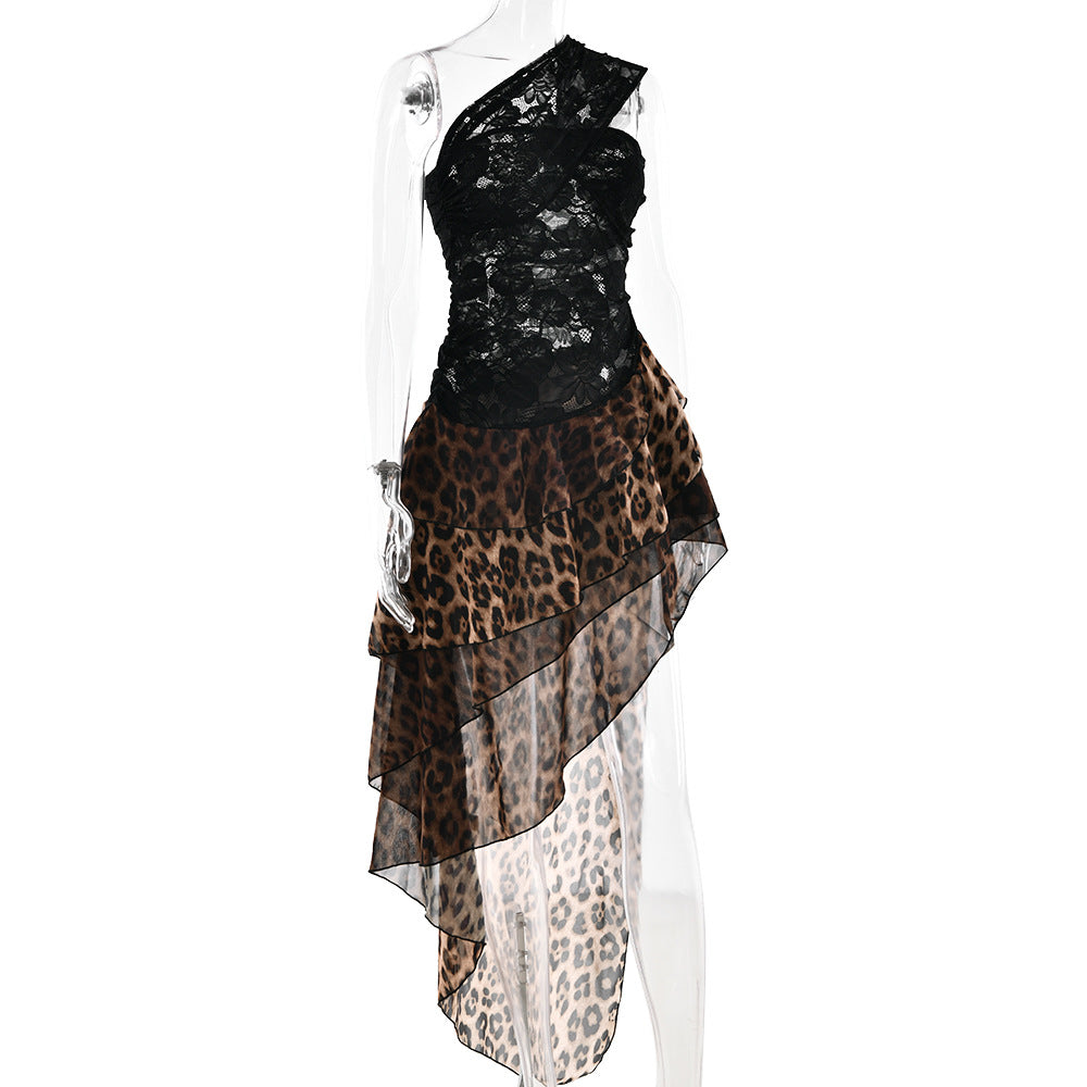 Autumn Glam: Fierce Leopard & Lace One-Shoulder Asymmetrical High-Low Dress