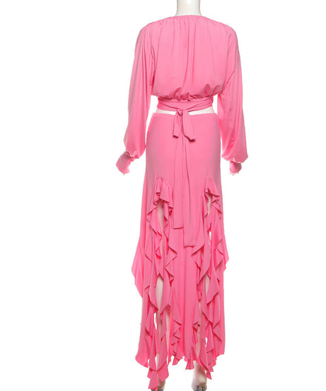 Fuchsia Glam: Ruffled Maxi Skirt & Wrap Crop Top Set - Your Statement Holiday & Event Look