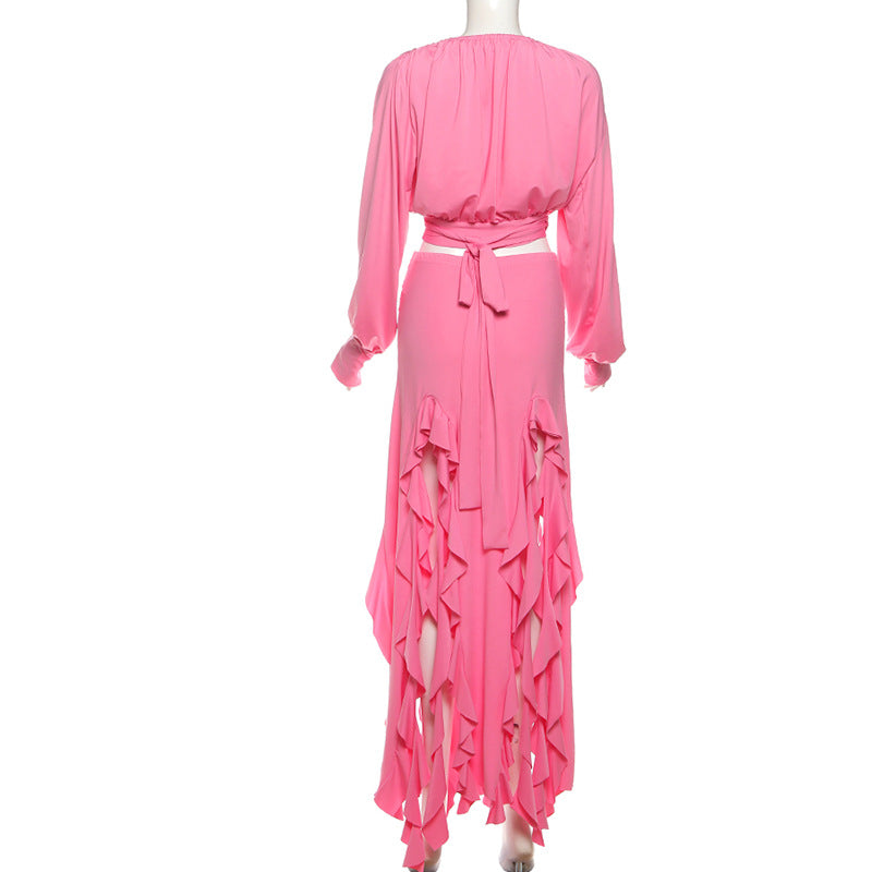 Fuchsia Glam: Ruffled Maxi Skirt & Wrap Crop Top Set - Your Statement Holiday & Event Look