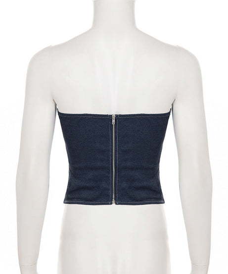 Trendy Dark Wash Denim Corset Top | Strapless Lace-Up Bustier for Fall Style