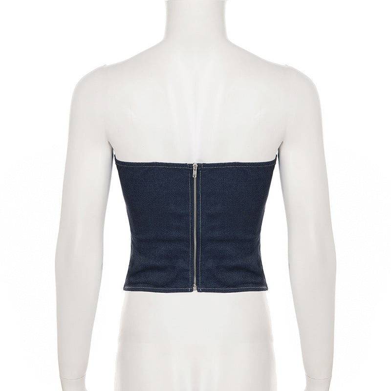 Trendy Dark Wash Denim Corset Top | Strapless Lace-Up Bustier for Fall Style