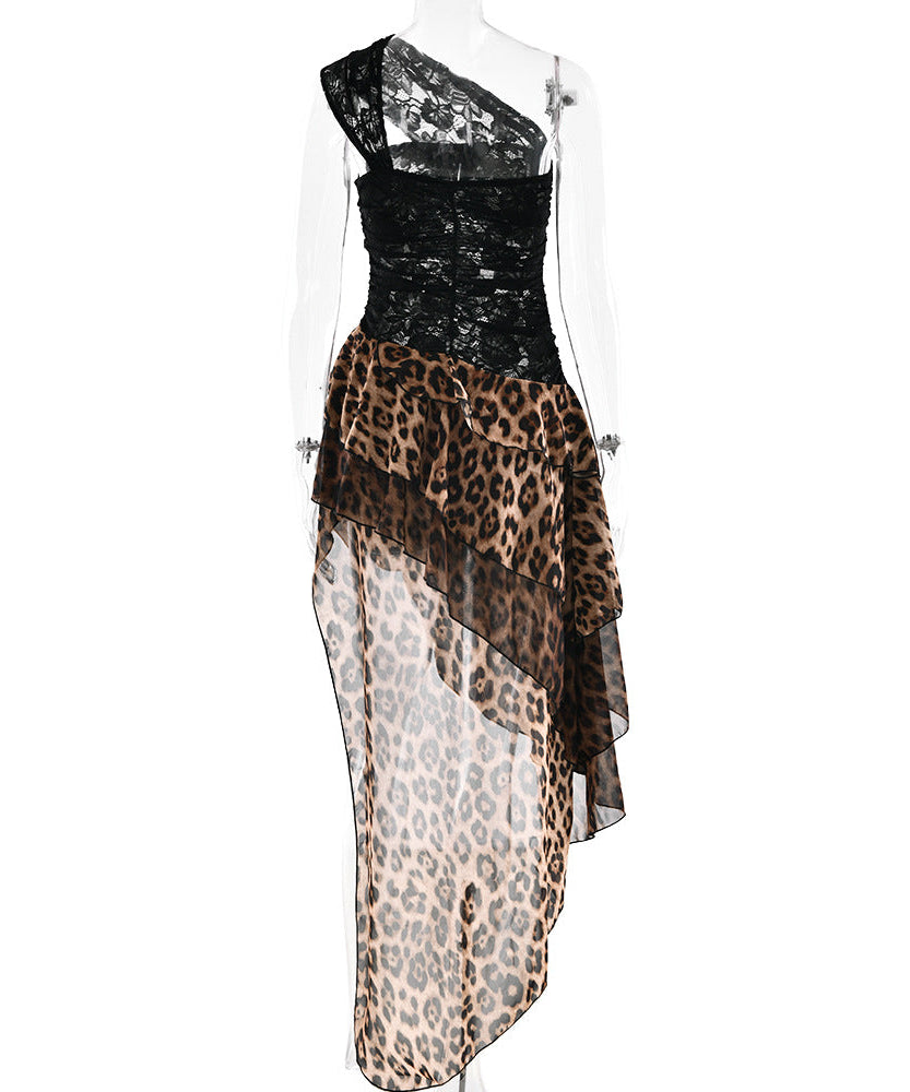 Autumn Glam: Fierce Leopard & Lace One-Shoulder Asymmetrical High-Low Dress