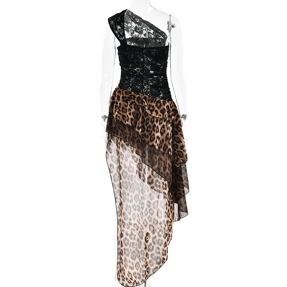 Autumn Glam: Fierce Leopard & Lace One-Shoulder Asymmetrical High-Low Dress