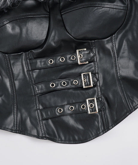 Fierce Feather & Buckle Faux Leather Corset Top – Your Go-To for Halloween & Edgy Fall Nights