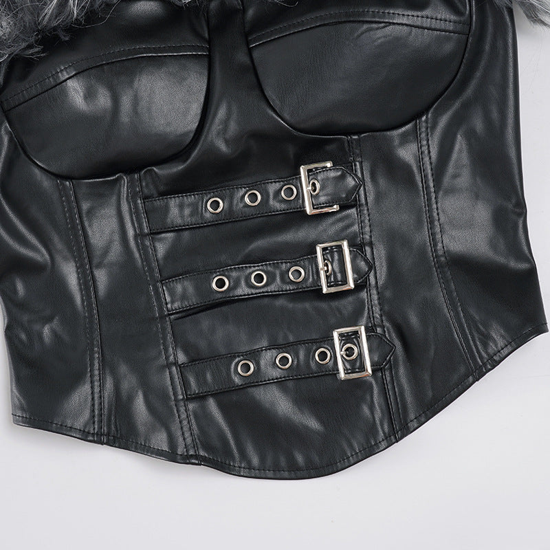 Fierce Feather & Buckle Faux Leather Corset Top – Your Go-To for Halloween & Edgy Fall Nights