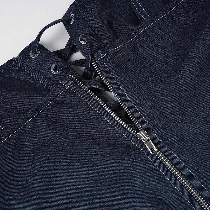 Trendy Dark Wash Denim Corset Top | Strapless Lace-Up Bustier for Fall Style