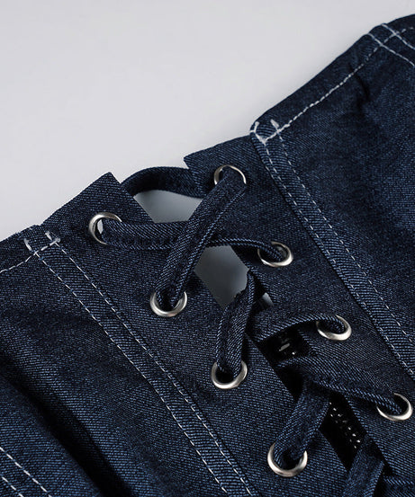 Trendy Dark Wash Denim Corset Top | Strapless Lace-Up Bustier for Fall Style