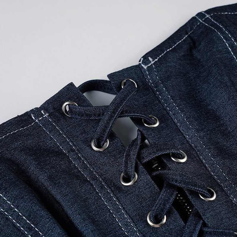 Trendy Dark Wash Denim Corset Top | Strapless Lace-Up Bustier for Fall Style