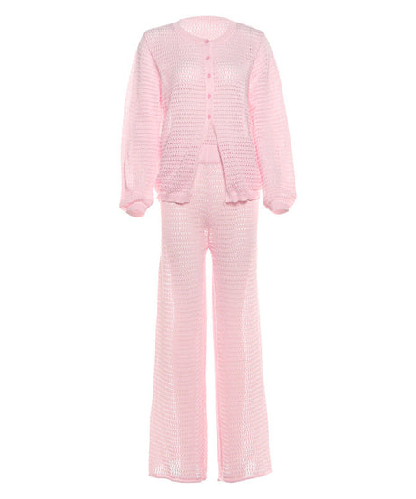 Effortless Blush Pink Open-Knit Cardigan & Wide-Leg Pant Set – Your Cozy Fall Lounge Essential