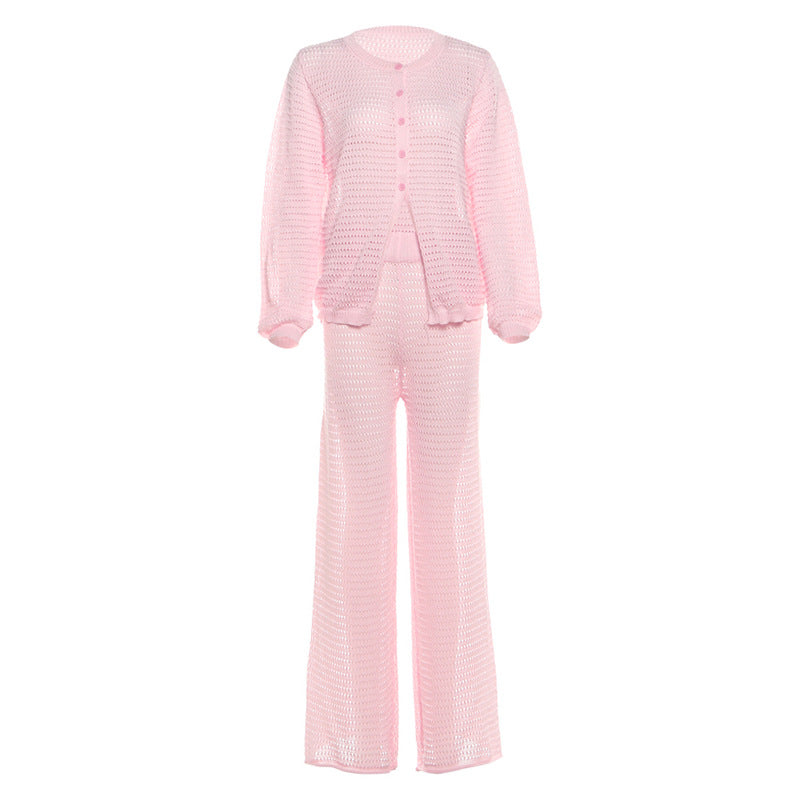 Effortless Blush Pink Open-Knit Cardigan & Wide-Leg Pant Set – Your Cozy Fall Lounge Essential