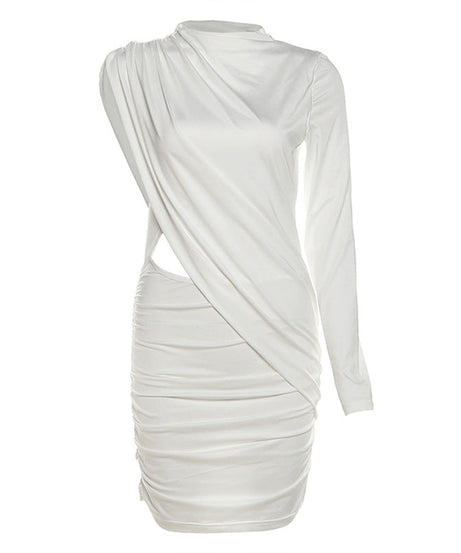 Daring Asymmetric Cutout Ruched Mini Dress - Chic Long Sleeve Bodycon for Fall Parties