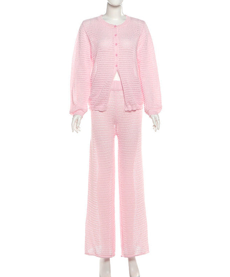 Effortless Blush Pink Open-Knit Cardigan & Wide-Leg Pant Set – Your Cozy Fall Lounge Essential