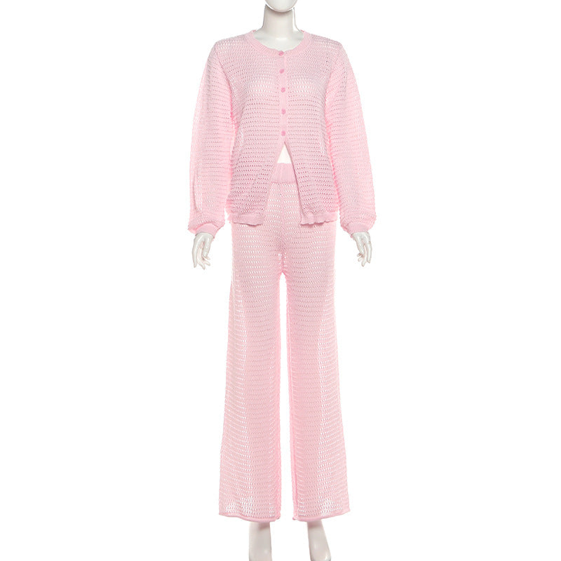 Effortless Blush Pink Open-Knit Cardigan & Wide-Leg Pant Set – Your Cozy Fall Lounge Essential