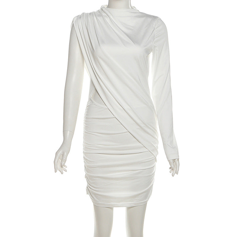 Daring Asymmetric Cutout Ruched Mini Dress - Chic Long Sleeve Bodycon for Fall Parties