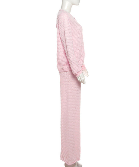 Effortless Blush Pink Open-Knit Cardigan & Wide-Leg Pant Set – Your Cozy Fall Lounge Essential