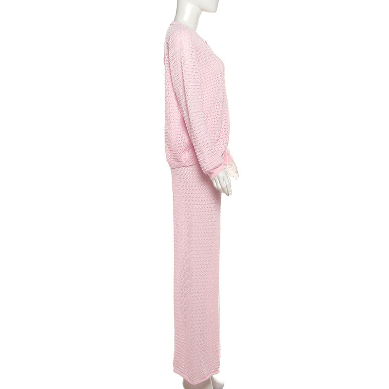 Effortless Blush Pink Open-Knit Cardigan & Wide-Leg Pant Set – Your Cozy Fall Lounge Essential