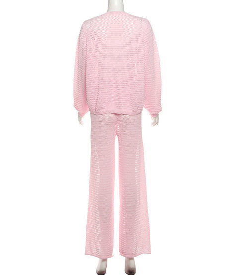Effortless Blush Pink Open-Knit Cardigan & Wide-Leg Pant Set – Your Cozy Fall Lounge Essential