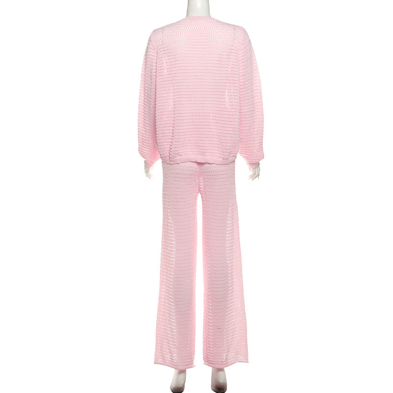 Effortless Blush Pink Open-Knit Cardigan & Wide-Leg Pant Set – Your Cozy Fall Lounge Essential