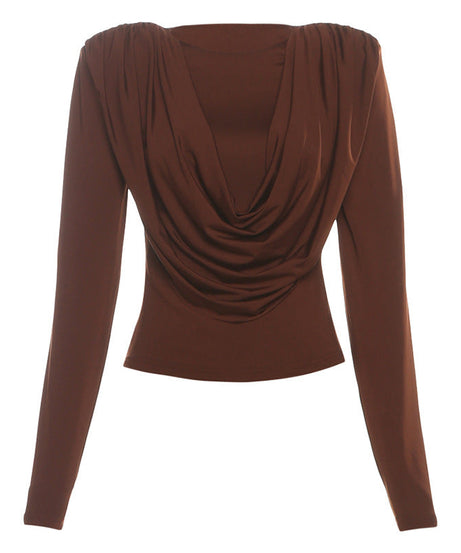 Fall Elegance: Draped Cowl Neck Long Sleeve Top - Rich Chocolate Brown