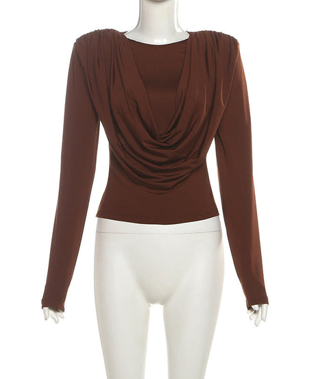 Fall Elegance: Draped Cowl Neck Long Sleeve Top - Rich Chocolate Brown