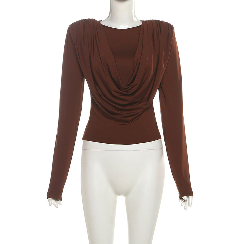 Fall Elegance: Draped Cowl Neck Long Sleeve Top - Rich Chocolate Brown