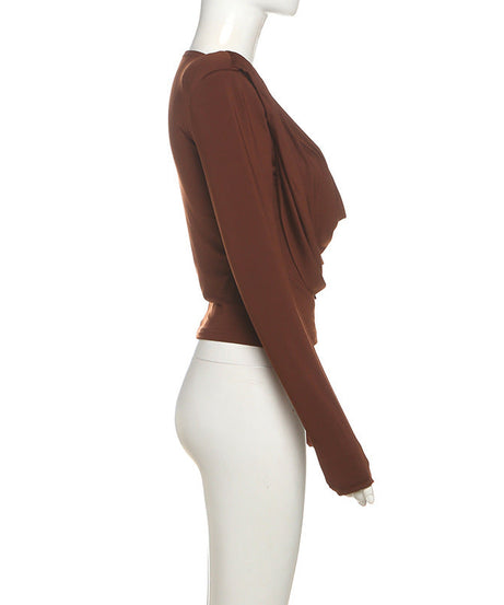 Fall Elegance: Draped Cowl Neck Long Sleeve Top - Rich Chocolate Brown