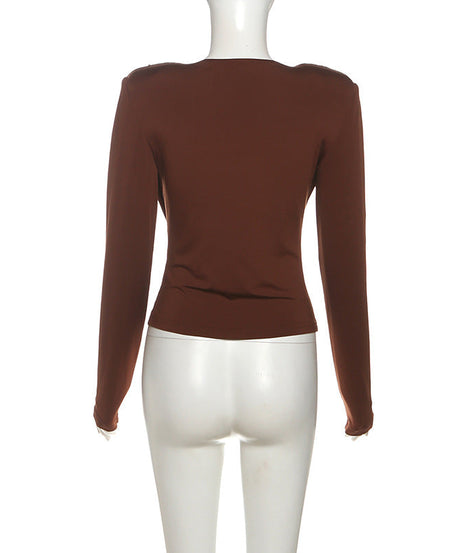 Fall Elegance: Draped Cowl Neck Long Sleeve Top - Rich Chocolate Brown