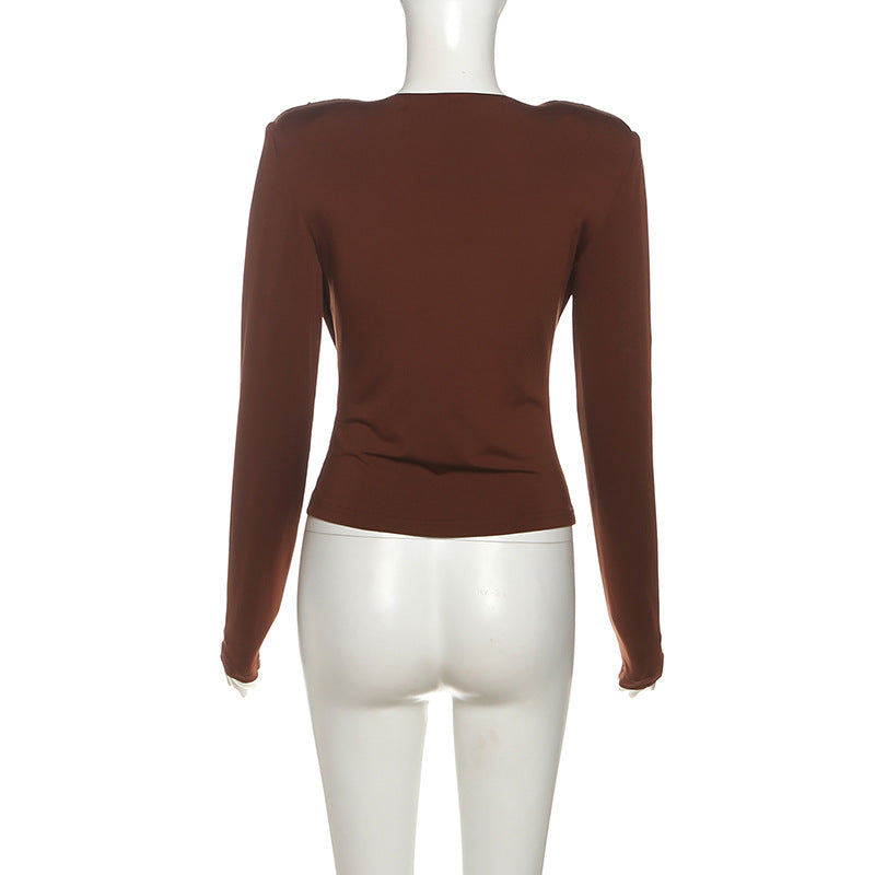 Fall Elegance: Draped Cowl Neck Long Sleeve Top - Rich Chocolate Brown
