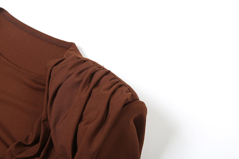 Fall Elegance: Draped Cowl Neck Long Sleeve Top - Rich Chocolate Brown