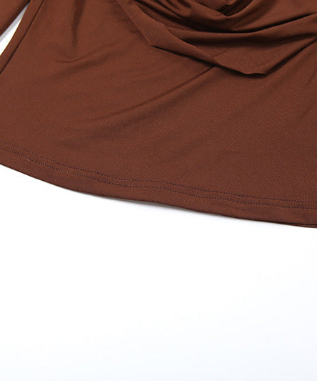 Fall Elegance: Draped Cowl Neck Long Sleeve Top - Rich Chocolate Brown