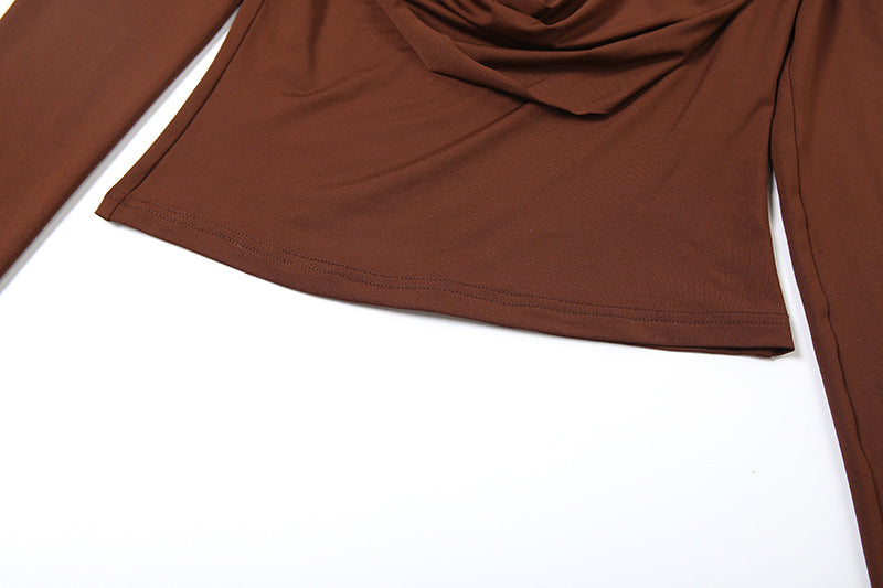 Fall Elegance: Draped Cowl Neck Long Sleeve Top - Rich Chocolate Brown