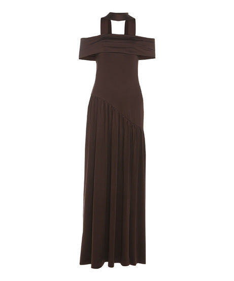 Espresso Elegance: Chic Off-Shoulder Halter Maxi Dress with Asymmetrical Flow – Fall & Holiday Ready