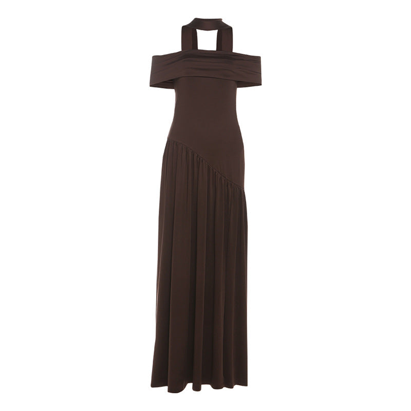 Espresso Elegance: Chic Off-Shoulder Halter Maxi Dress with Asymmetrical Flow – Fall & Holiday Ready